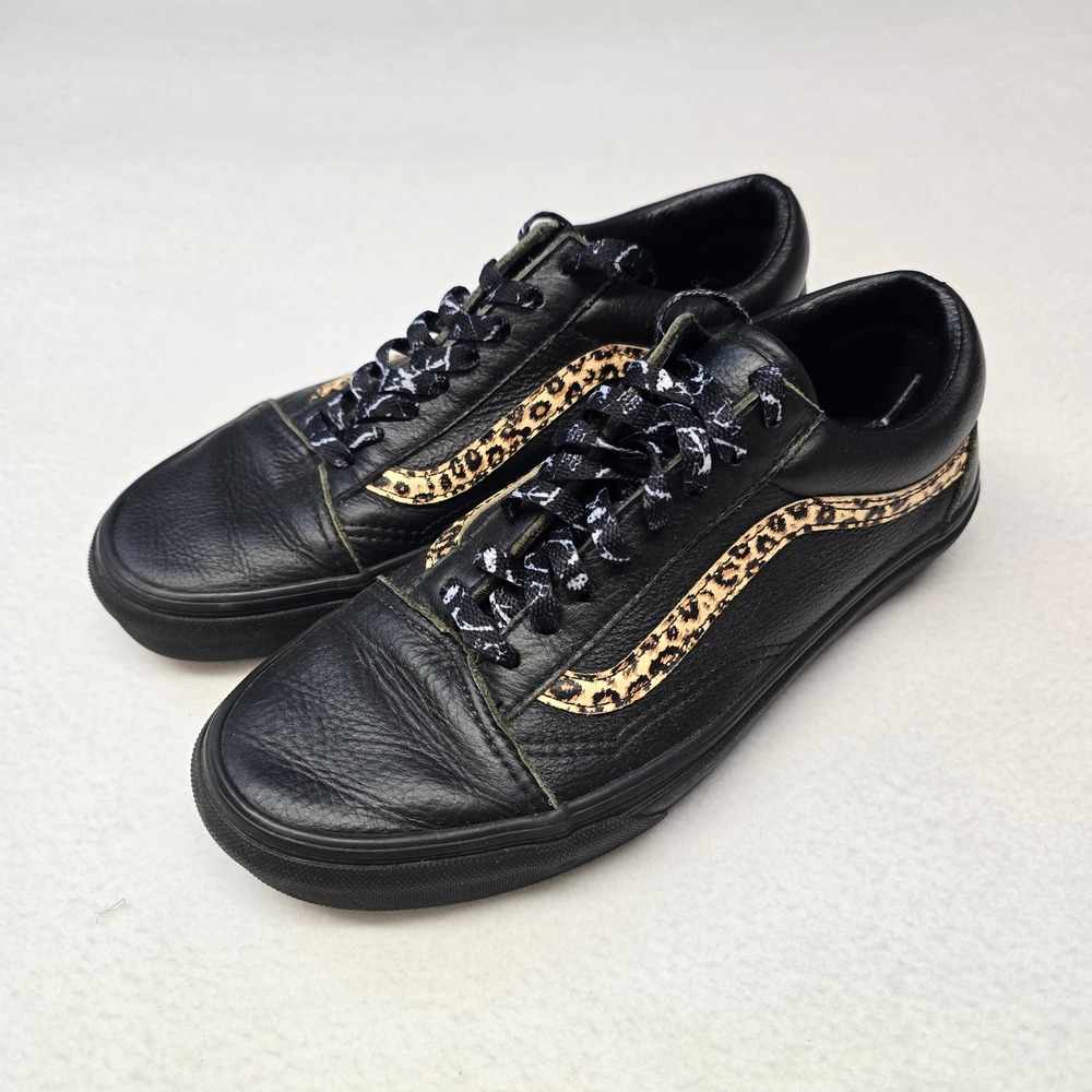 Vans Old Skool Black Tumbled Leather Leopard Print Sneakers Womens 8.5
